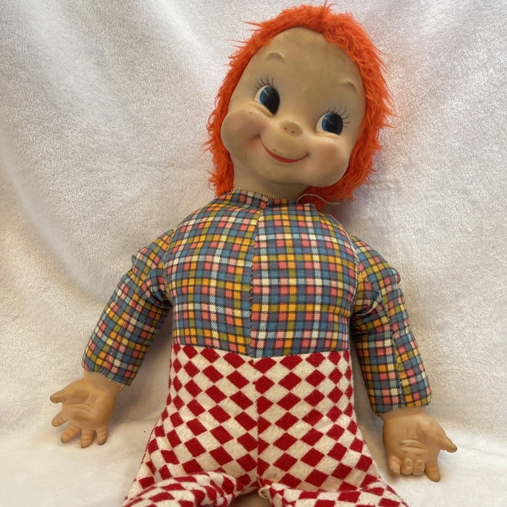 Vintage Large Plush‎ Doll Boy Red Hair Plaid Shirt Red & White Check Pants Rare